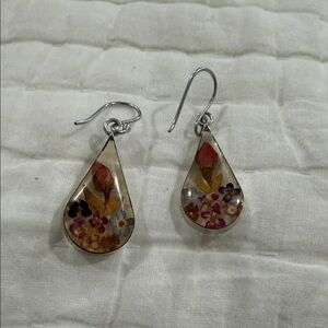 Taxco Teardrop Resin 925 Silver- Pink Rosebud and Multicolor Blossoms Earrings